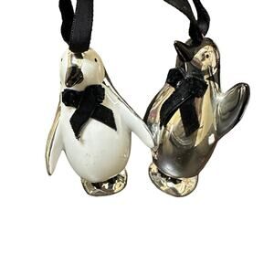 Pier 1  White Silver Black Penguin Christmas Ornament 3.5"‎ - Qty 2